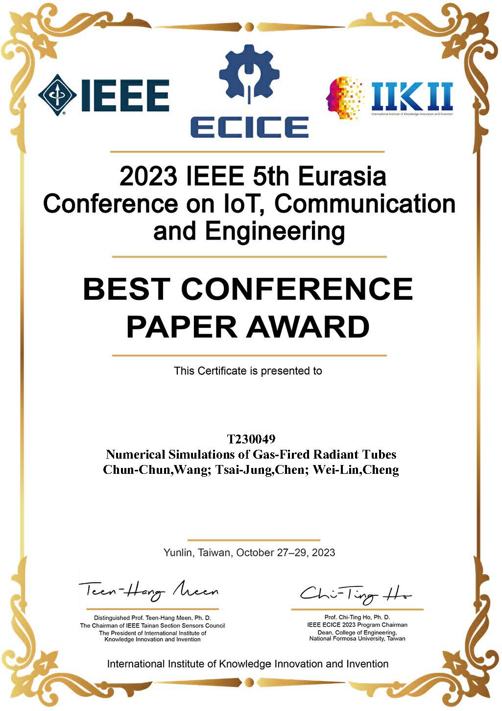 恭賀! 工學院車輛系王俊淳同學榮獲 2023 IEEE 5th Eurasia Conference on IoT,Communication and Engineering『最佳論文獎』