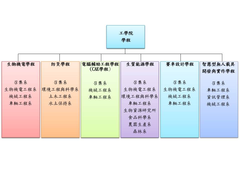 This chart presents six College of Engineering programs: Biomechatronics, Disaster Prevention, CAE, Bioenergy, Racing Design, and Smart Unmanned Vehicles.